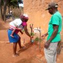 Membro de grupos de acção ambiental e suas famílias começando a usar seu Tippy Tap no bairro da Maiaia